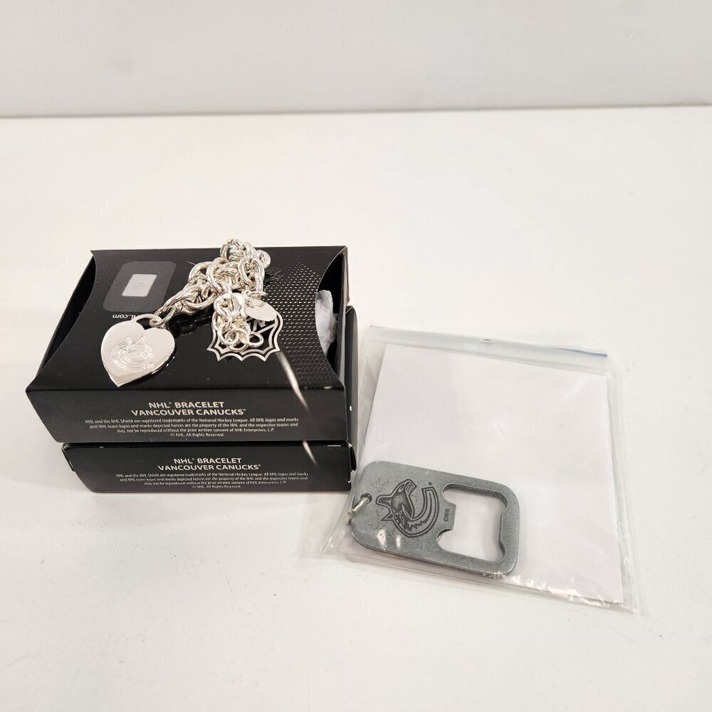 NHL Vancouver Canucks Heart Bracelets x 2 and Bottle Opener Bundle Avon